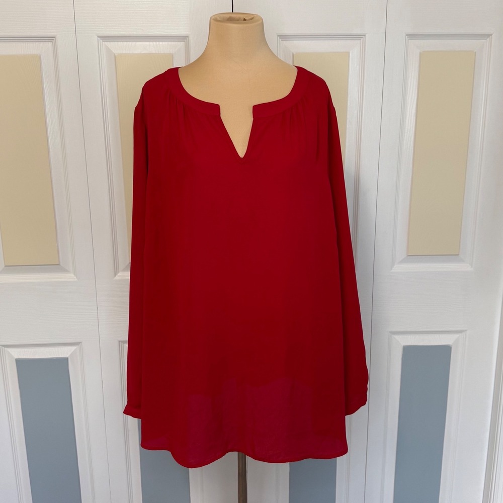 Talbots Woman Red Notched V-Neck Long Sleeve Tunic Blouse Plus Size 2X VN5235